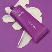 ProtoClinical k-beauty papa recipe Eggplant Clearing Sun Cream 50ml (SPF 50+ PA++++) promotional panel with a close-up of a woman's forehead, black Korean text, and a lavender-and-white background