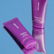 ProtoClinical k-beauty papa recipe Eggplant Clearing Sun Cream 50ml (SPF 50+ PA++++) promotional panel with a close-up of a woman touching her cheek, black Korean text, and a lavender-and-white background