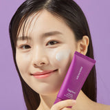 ProtoClinical k-beauty papa recipe Eggplant Clearing Sun Cream 50ml (SPF 50+ PA++++) ingredient infographic with beige droppers, circular icons, and a peach-and-cream background