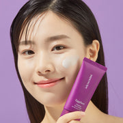 ProtoClinical k-beauty papa recipe Eggplant Clearing Sun Cream 50ml (SPF 50+ PA++++) ingredient infographic with beige droppers, circular icons, and a peach-and-cream background