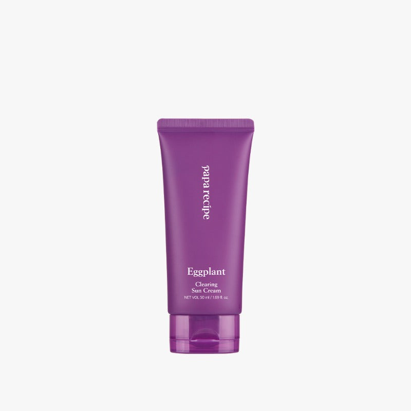 ProtoClinical k-beauty papa recipe Eggplant Clearing Sun Cream 50ml (SPF 50+ PA++++) promotional image with a smiling woman's face, soft lavender background, and a cropped hand near her cheek