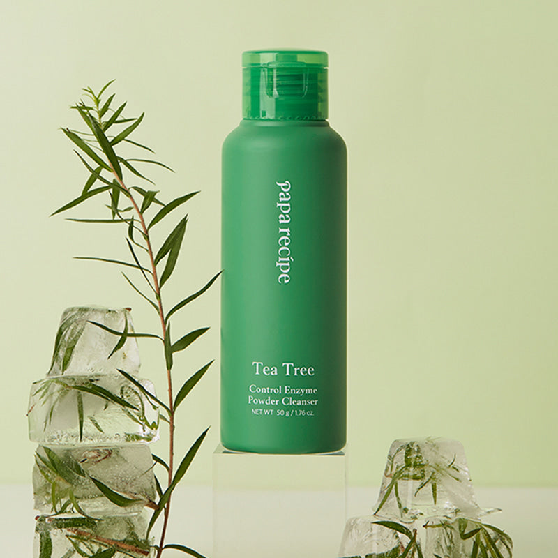 ProtoClinical k-beauty papa recipe Tea Tree Control Enzyme Powder Cleanser 50ml single upright green cleanser bottle centered on a pale background.
