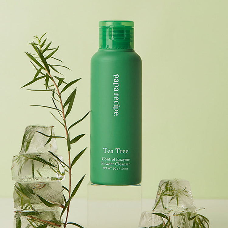 ProtoClinical k-beauty papa recipe Tea Tree Control Enzyme Powder Cleanser 50ml single upright green cleanser bottle centered on a pale background.