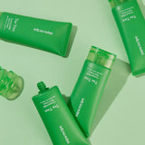 ProtoClinical k-beauty soft green beauty graphic with horizontal bands and darker green accents on a pale background.