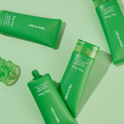 ProtoClinical k-beauty soft green beauty graphic with horizontal bands and darker green accents on a pale background.