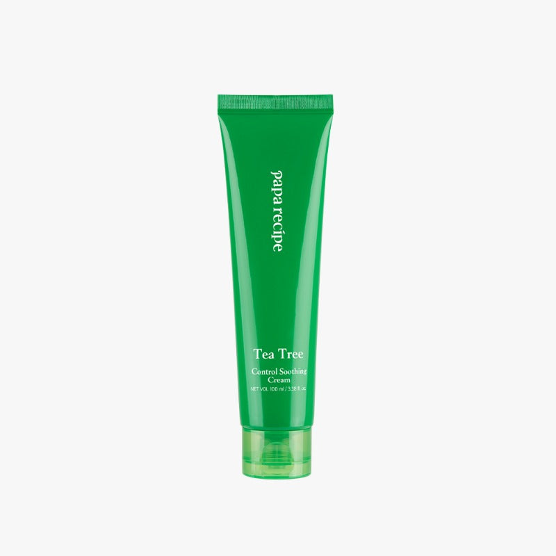 ProtoClinical k-beauty papa recipe Tea Tree Control Soothing Cream 100ml single upright green cream tube centered on a pale background with soft pink side accents.
