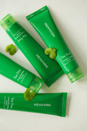 ProtoClinical k-beauty papa recipe Tea Tree Control Soothing Cream 100ml single upright green cream tube centered on a white background with soft pink side accents.