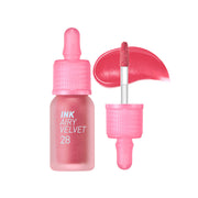 ProtoClinical k-beauty peripera Ink Airy Velvet 4g (NEW #26~#30) single rosy pink lip tint swatch in a rounded diamond shape with a darker center and pale blue side shading on a white background