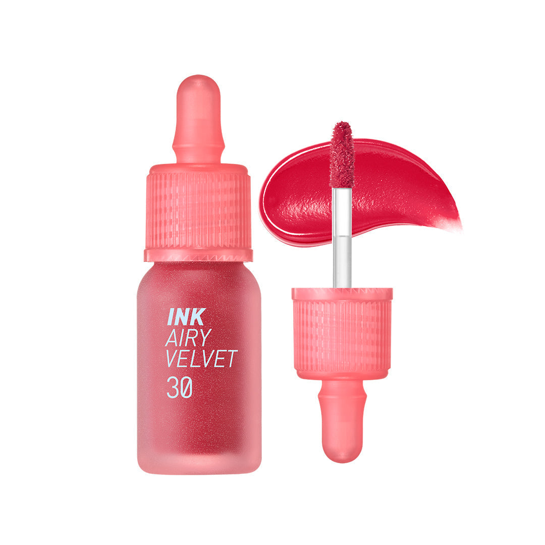 ProtoClinical k-beauty peripera Ink Airy Velvet 4g (NEW #26~#30) single deep pink lip tint swatch in a rounded diamond shape with darker side shading and pale blue corners on a white background
