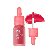 ProtoClinical k-beauty peripera Ink Airy Velvet 4g (NEW #26~#30) single deep pink lip tint swatch in a rounded diamond shape with darker side shading and pale blue corners on a white background