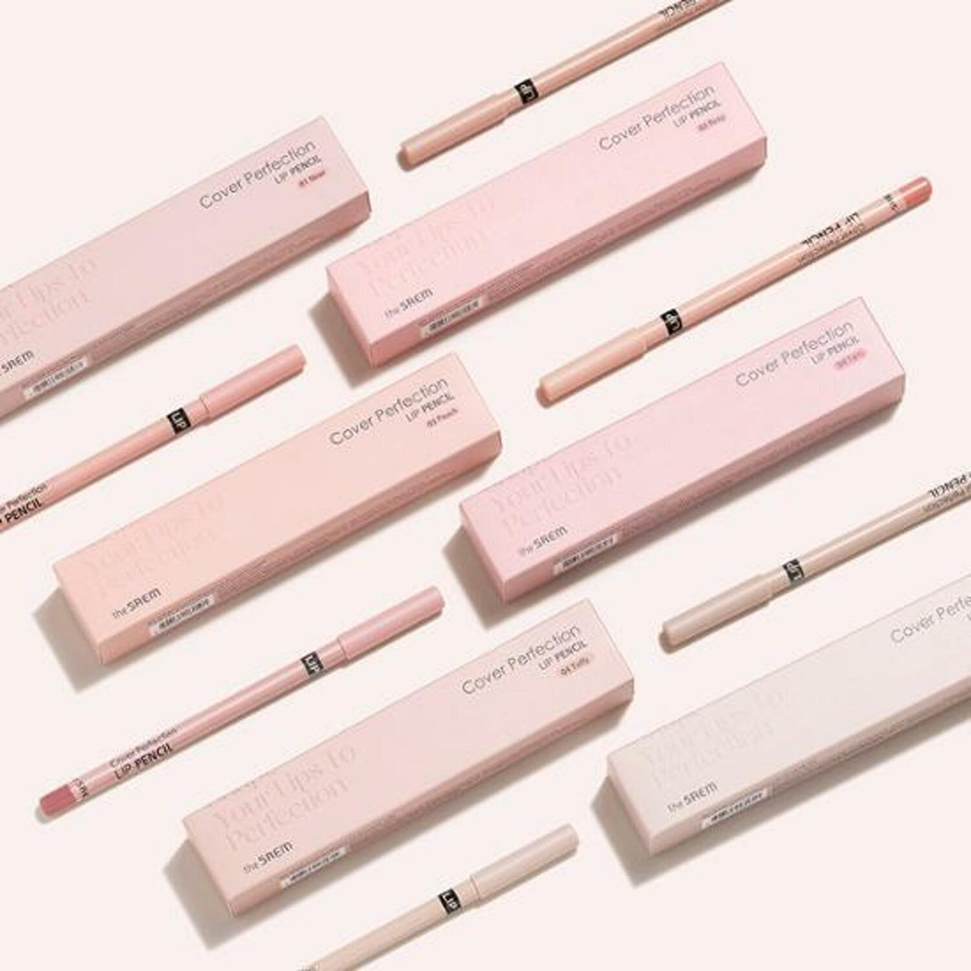 ProtoClinical k-beauty the SAEM Cover Perfection Lip Pencil 2g diagonal row of 10 slim beige lip pencils with matching pink and brown liner swatches on a white background