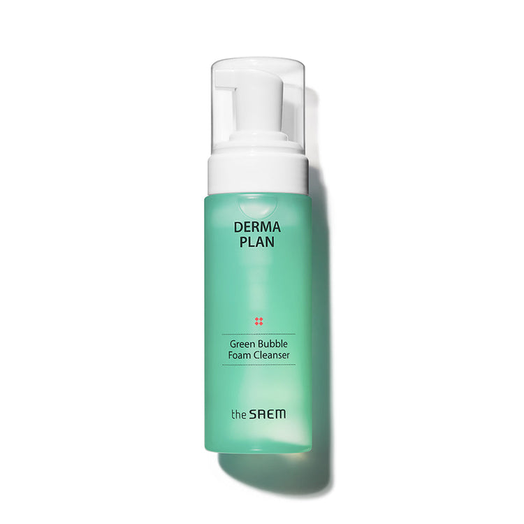 ProtoClinical k-beauty The SAEM Derma Plan Green Bubble Foam Cleanser 150ml close-up cleanser tube with a green label on a clean white background.