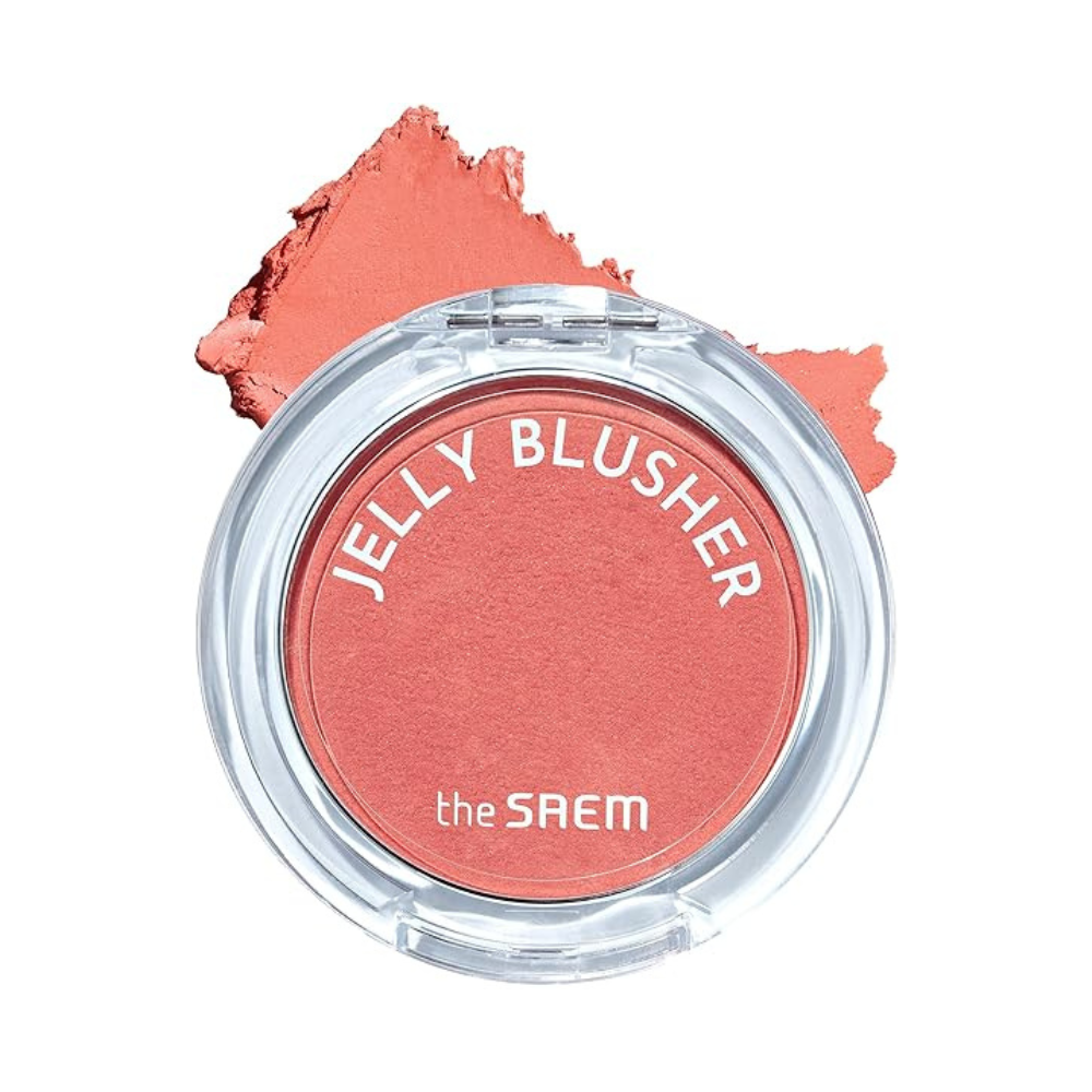 ProtoClinical k-beauty The SAEM Jelly Blusher 4.5g * 6 colors single peach blush compact centered on a white background with pale aqua side shading