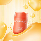 ProtoClinical k-beauty The SAEM Urban Eco Golden Berry C Eye Cream 30ml coral-orange eye cream jar standing upright among glossy golden serum drops on a yellow striped background