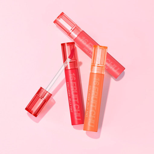 ProtoClinical k-beauty 16BRAND FRUIT-CHU COLLAGEN JELLY TINT (3colors) single square jelly lip tint package in a product packshot on a clean white background.