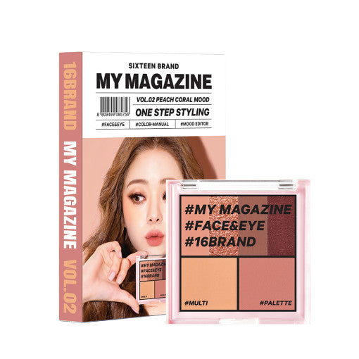 ProtoClinical k-beauty 16BRAND My Magazine Shadow Palette 7.5g (10colors) open rose pink eyeshadow palette beside its matching box on a clean white background