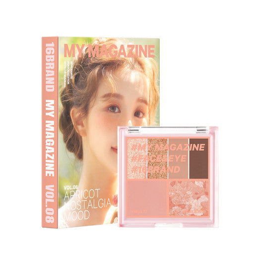 ProtoClinical k-beauty 16BRAND My Magazine Shadow Palette 7.5g (10colors) open rose pink eyeshadow palette beside its matching box on a clean white background