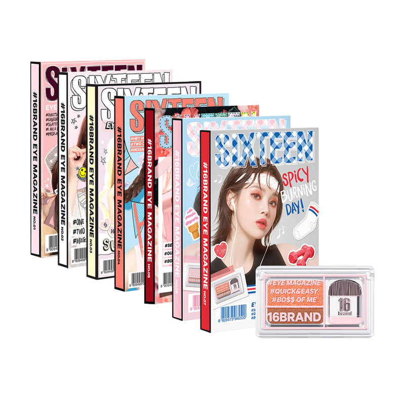 ProtoClinical k-beauty 16BRAND Sixteen Eye Magazine (7colors) collage with seven upright eyeshadow boxes fanned out behind a pink and taupe dual compact on a white background