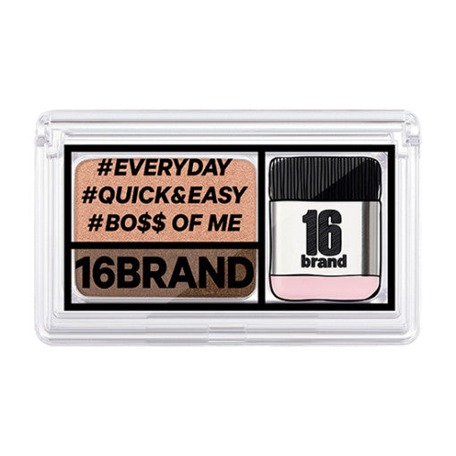 ProtoClinical k-beauty 16BRAND Sixteen Eye Magazine (7colors) #1 EVERY DAY clear dual eyeshadow compact with peach shimmer and brown matte pans on a white background