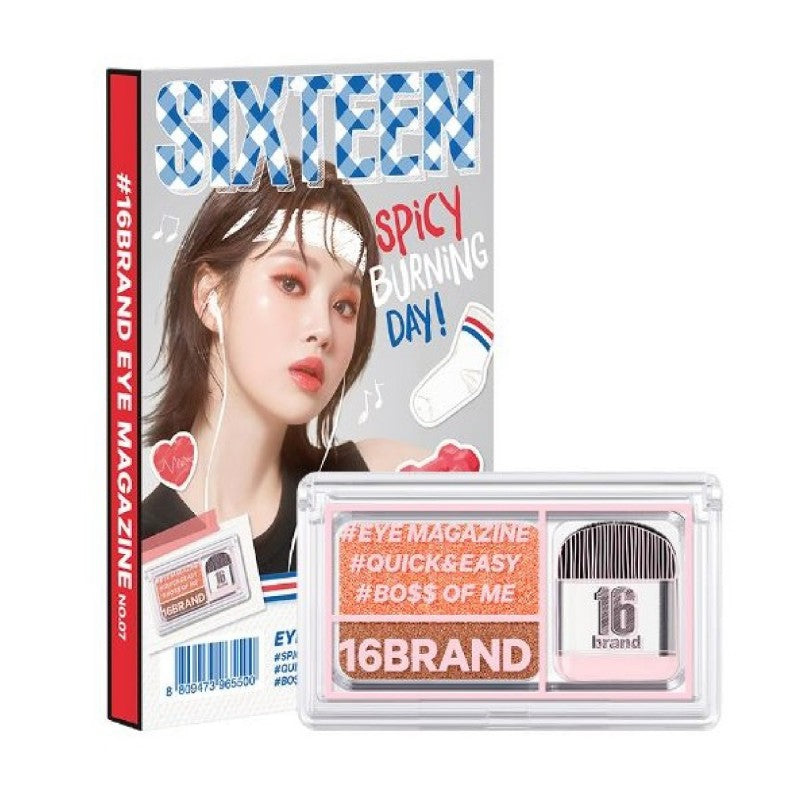 ProtoClinical k-beauty 16BRAND Sixteen Eye Magazine (7colors) dual eyeshadow compact beside a matching upright box on a white background