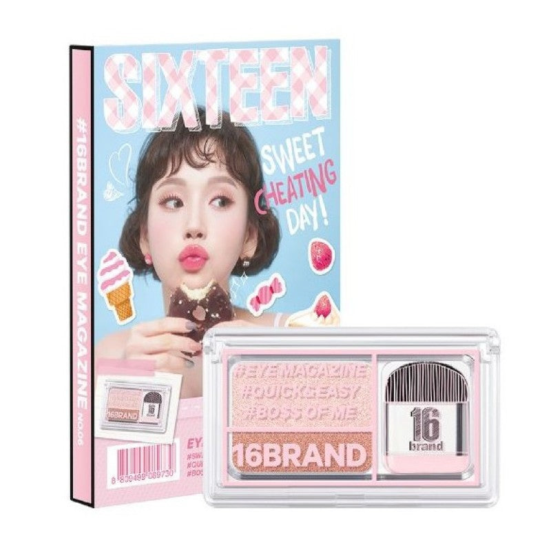 ProtoClinical k-beauty 16BRAND Sixteen Eye Magazine (7colors) dual eyeshadow compact beside a matching upright box on a white background