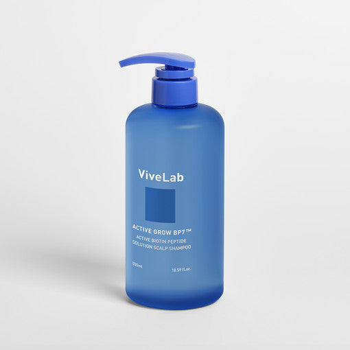 ProtoClinical k-beauty ViveLab Active Biotin Peptide Solution Scalp Shampoo 550ml tall blue pump bottle standing upright with white text on a clean white background