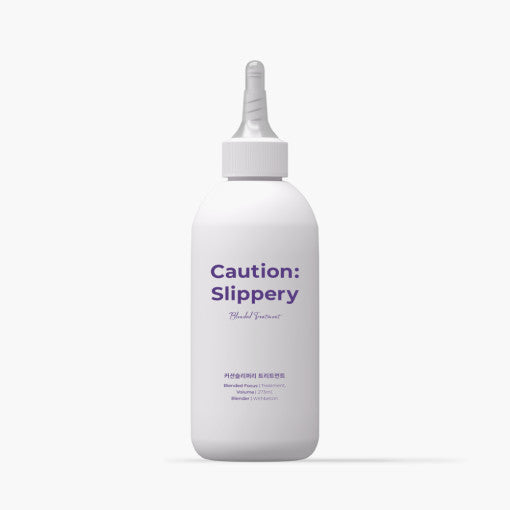 ProtoClinical k-beauty withbecon Caution Slippery Hair Treatment 300ml in a single tall gray treatment bottle centered upright on a white background with pale lavender side shading