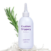 ProtoClinical k-beauty withbecon Caution Slippery Hair Treatment 300ml as a single gray treatment bottle set left on a white background with a pale blue lower band