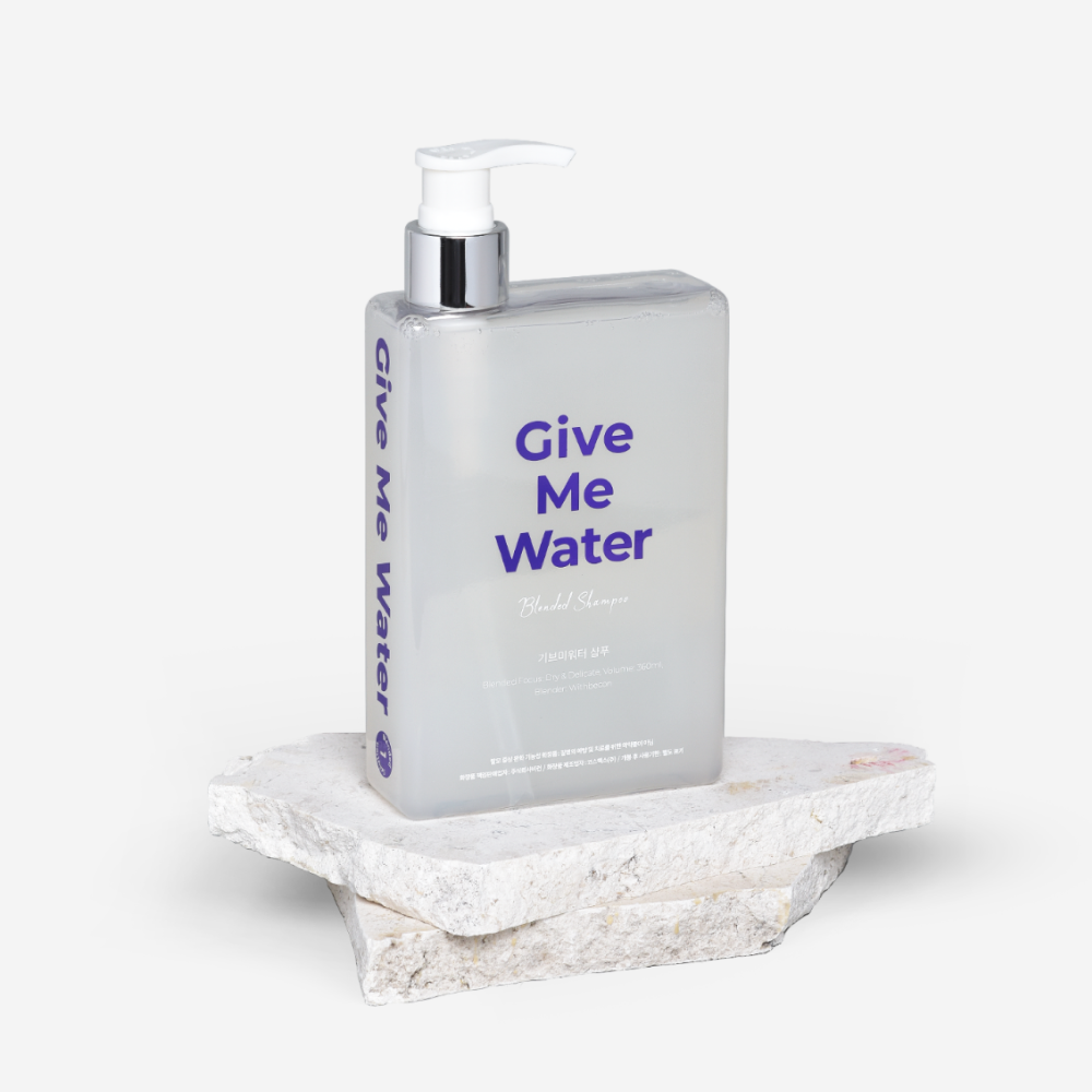 ProtoClinical k-beauty withbecon GiveMeWater Shampoo 360ml tall gray shampoo bottle silhouette on a soft white background with pale lavender side accents