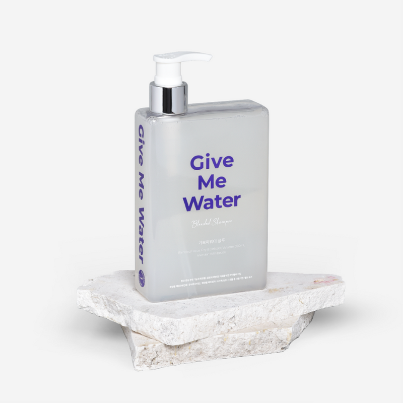ProtoClinical k-beauty withbecon GiveMeWater Shampoo 360ml tall gray shampoo bottle silhouette on a soft white background with pale lavender side accents