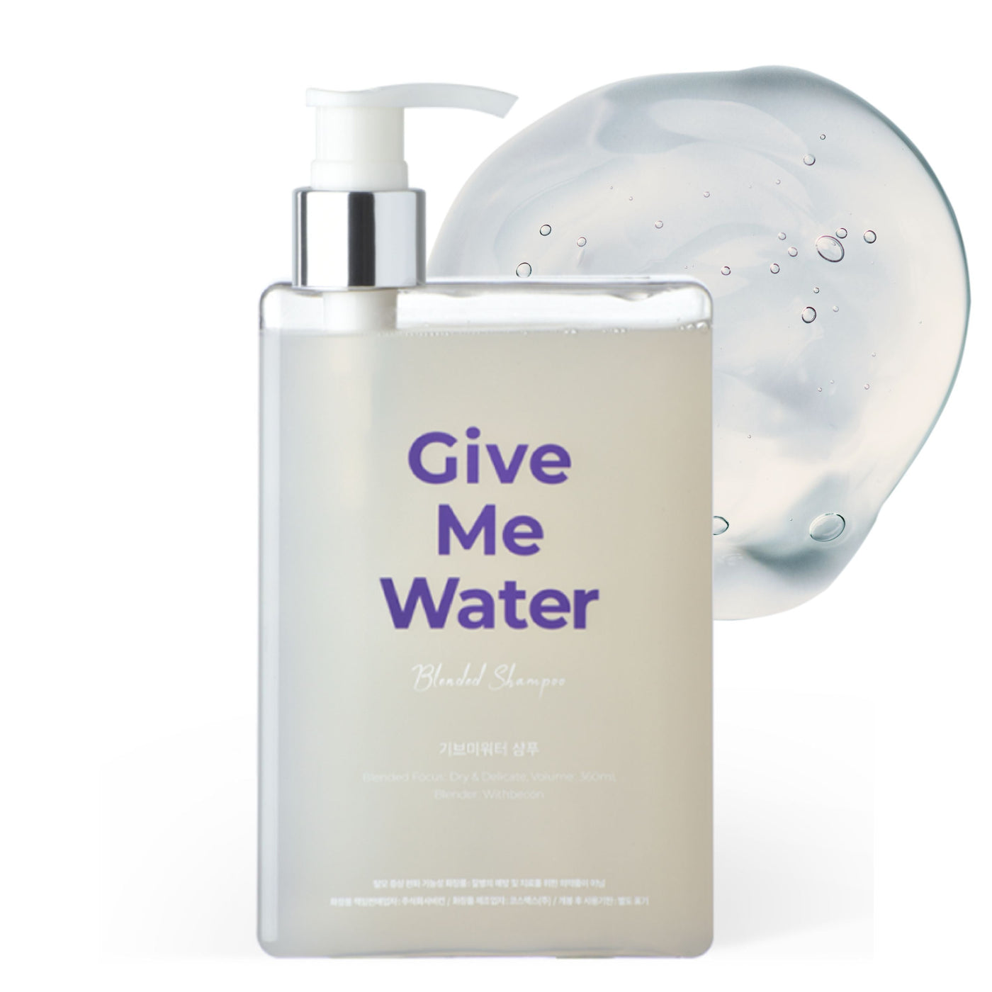 ProtoClinical k-beauty withbecon GiveMeWater Shampoo 360ml single slim gray bottle shown upright and centered on a light background