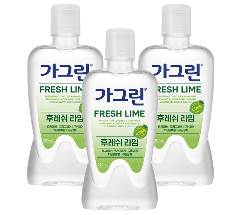 ProtoClinical k-beauty Gagreen FRESH LIME Mouthwash 380mlX3ea three green mouthwash bottles grouped side by side on a light background