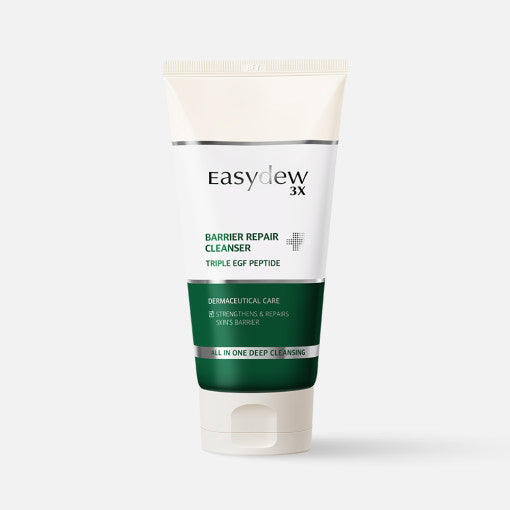 ProtoClinical k-beauty Easydew Barrier Repair Cleanser 150ml shown in a centered square skincare graphic with pink and cream color blocks, a green accent shape, and a light background