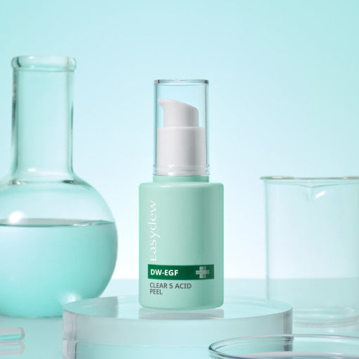 ProtoClinical k-beauty Easydew DW-EGF CLEAR 5 ACID PEEL 30ml shown in a centered aqua skincare graphic with a dark accent panel and a light background