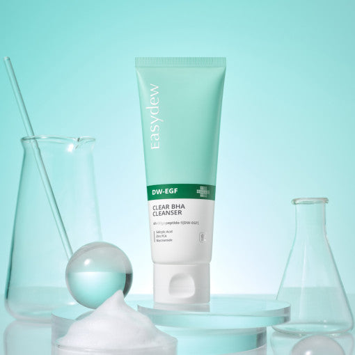 ProtoClinical k-beauty Easydew DW-EGF CLEAR BHA Cleanser 100ml aqua product packaging with a centered dark accent on a light background.