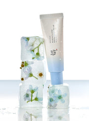 ProtoClinical k-beauty [Beauty of Joseon] Relief Sun Aqua-fresh Rice+B5 (SPF50+ PA++++) 50ml single upright pale blue sunscreen tube centered on a white background with soft pink corner accents.
