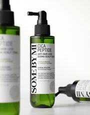 ProtoClinical k-beauty [SOME BY MI] Cica Peptide Anti Hair Loss Derma Scalp Tonic 150ml single upright scalp tonic bottle centered on a pale gray background with soft green and blue side accents