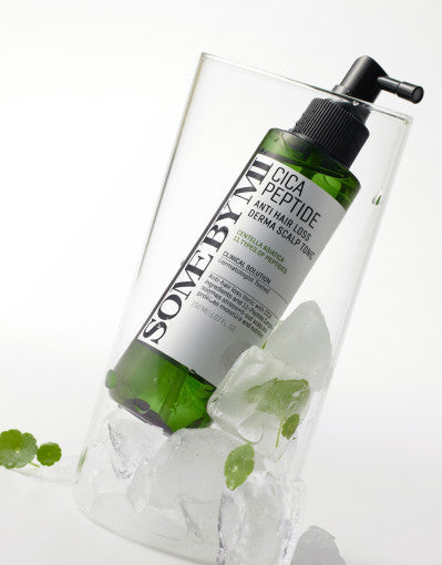 ProtoClinical k-beauty [SOME BY MI] Cica Peptide Anti Hair Loss Derma Scalp Tonic 150ml single upright scalp tonic bottle centered on a pale gray-white background with soft green side shading