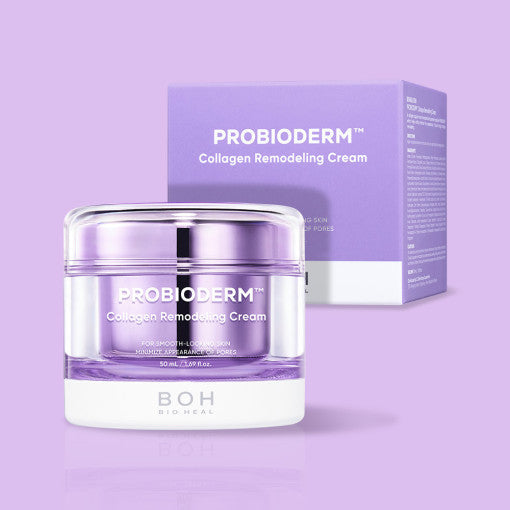 ProtoClinical k-beauty [BIO HEAL BOH] Probioderm Collagen Remodeling Cream 50ml shown as two soft purple product silhouettes on a pale lavender background