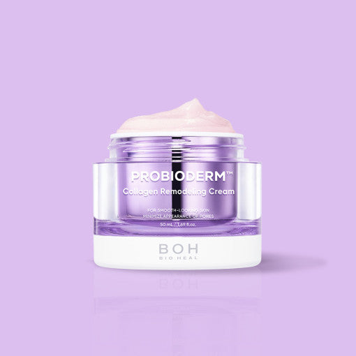 ProtoClinical k-beauty [BIO HEAL BOH] Probioderm Collagen Remodeling Cream 50ml shown as two soft purple product silhouettes on a pale lavender background