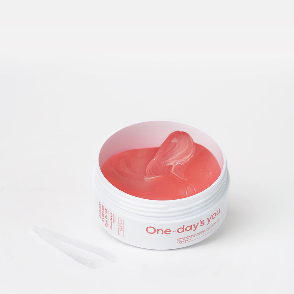 ProtoClinical k-beauty One-day's you Collagen Hydrogel Eye Patch 87g(60ea) pink round eye patch jar centered on a light background with soft pale blue side accents