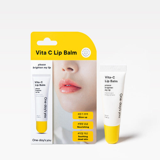 ProtoClinical k-beauty One-day's you Vita-C Lip Balm 10ml single warm beige lip balm silhouette centered upright on a pale blue and cream background