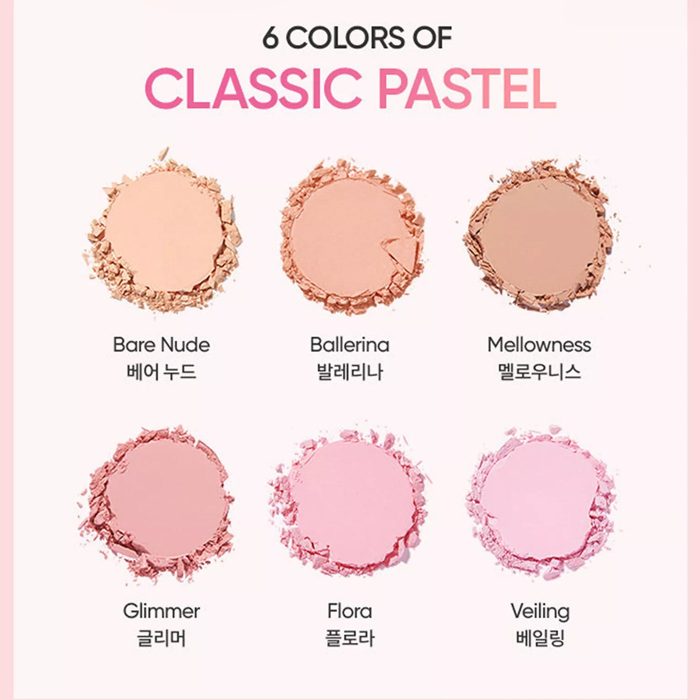 ProtoClinical k-beauty BANILA CO Priming Veil Cheek 6g four blush compact pans arranged in a 2x2 grid on a soft pink and peach background