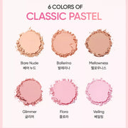 ProtoClinical k-beauty BANILA CO Priming Veil Cheek 6g four blush compact pans arranged in a 2x2 grid on a soft pink and peach background