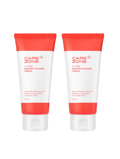 CAREZONE A-Cure Blemish Calming Cream 75ml 1+1 Special Set by ProtoClinical shown with two warm-toned cream tubes on a light background for a k-beauty skincare routine.