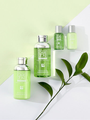 CAREZONE P-Cure Pore Tuning Toner, Emulsion EX Set by ProtoClinical shown with green and white product labeling on a light background for a k-beauty skincare routine.
