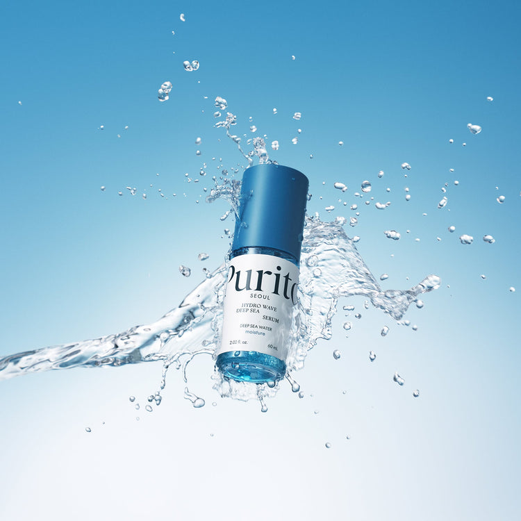ProtoClinical k-beauty [PURITO SEOUL] Hydro Wave Deep Sea Serum 60ml abstract beauty graphic with a dark teal vertical center on a pale blue gradient background