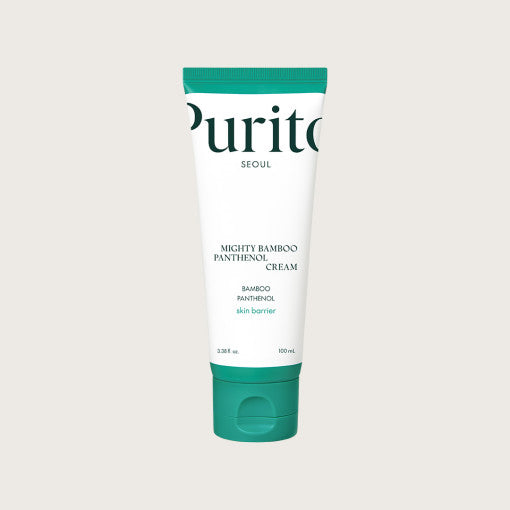 ProtoClinical k-beauty [PURITO SEOUL] Mighty Bamboo Panthenol Cream 100ml product image with soft aqua and green tones on a light background.