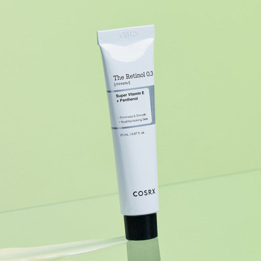 ProtoClinical k-beauty COSRX The Retinol 0.3 Cream 20ml single upright cream package on a pale green background with dark green accents