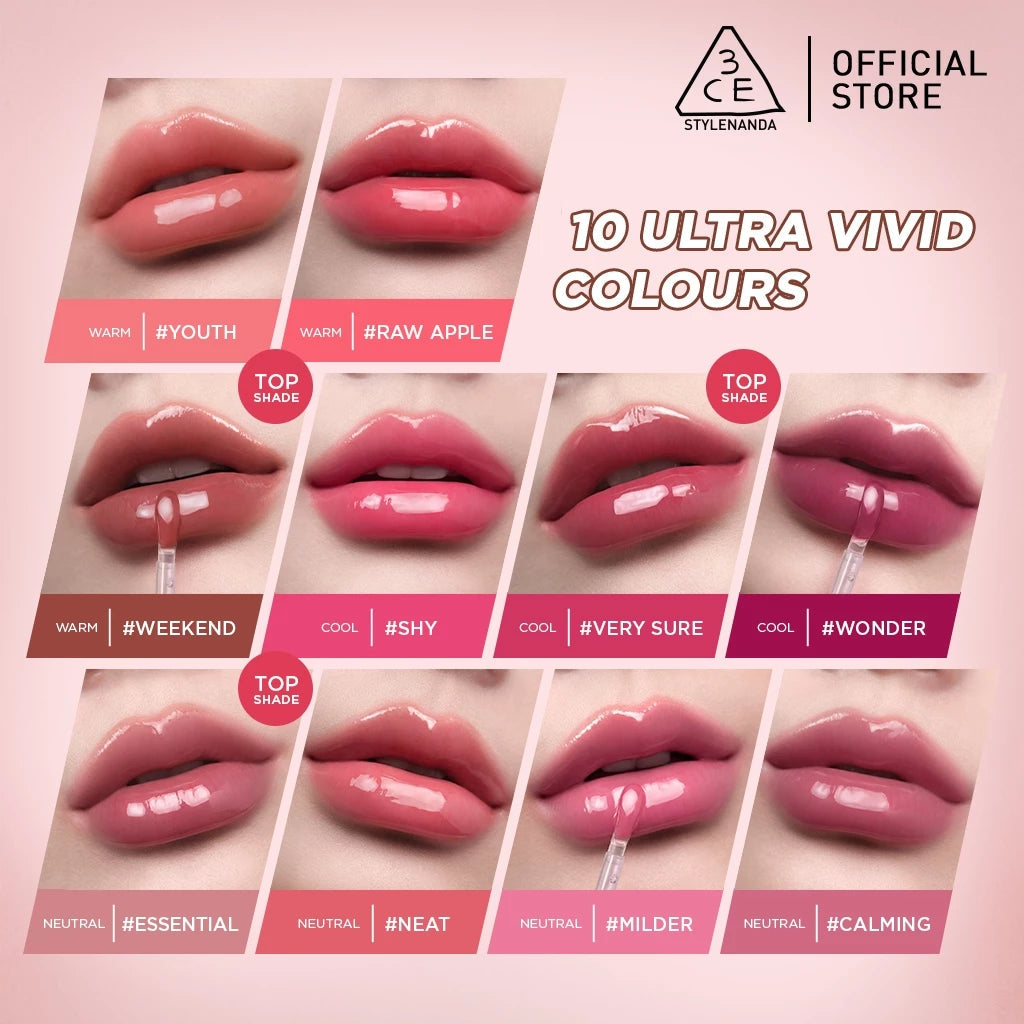 ProtoClinical k-beauty 3CE Drop Glow Gel 3.8g vertical product detail graphic with rose lip product visuals, text panels, and a light background